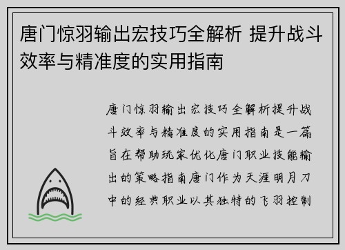 唐门惊羽输出宏技巧全解析 提升战斗效率与精准度的实用指南